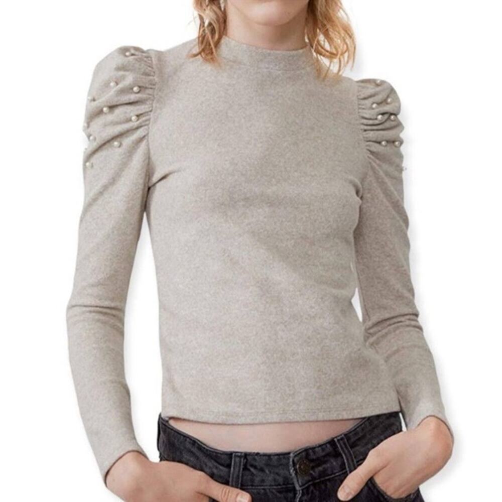 Zara Pearl Puff Sleeve Oatmeal Knit Top Size L